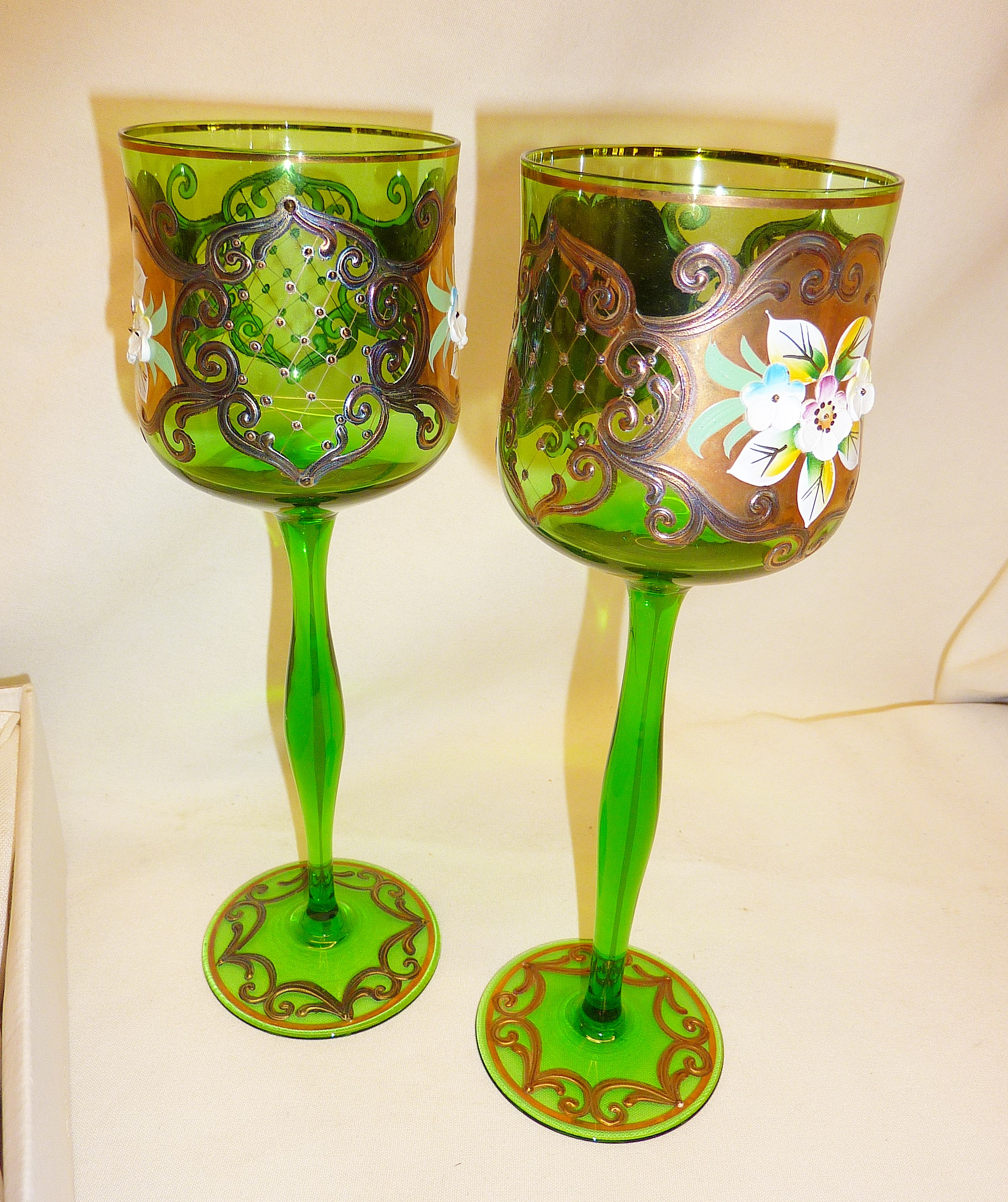 Pair of boxed tall green glasses enamelled with flowers, etc. Vendor purporting that these were - Image 2 of 2