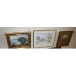 Oil on board of landscape signed G. Thompson, a watercolour of a town scene by Trevor Shears and a