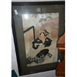 Japanese woodblock print of a woman with an opium pipe, signed, 48cm x 25cm inc. frame