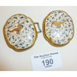 Japanese Meiji Satsuma porcelain two piece belt buckle, decorated with finely enamelled cranes (