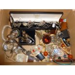 Box of costume jewellery with some antique silver brooches