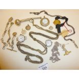 Guard chains, 800 silver pocket watch (A/F), other old wrist watches, Albert chains, fob medals,