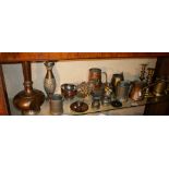 Antique Persian/Islamic vase and tankard, pewter tankards, brass candlesticks and other metalware