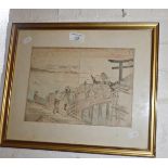 Old Japanese woodblock print of figures on a bridge, 19cm x 28cm