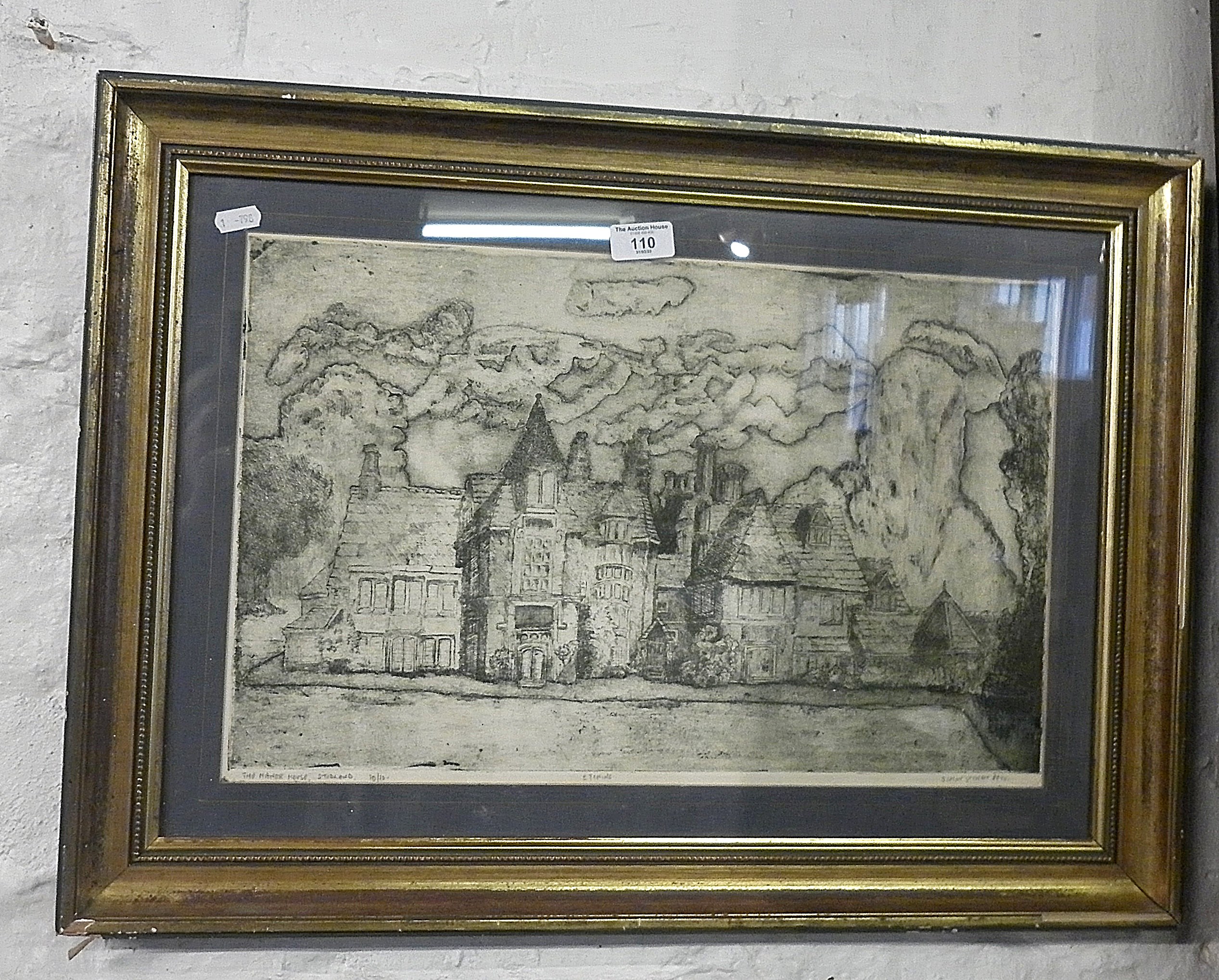 Large etching of The Manor House at Studland, signed and dated Simon Winch 1970