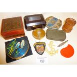 Vintage powder compacts, bakelite matchbox with striker, cloth badges, and an antique treen chess