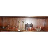 Assorted glassware, inc. candlesticks, bowls and two chromed storage jars