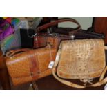 Designer vintage ostrich skin handbag, two crocodile similar and another handbag