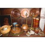Pair of brass barley twist candlesticks and a quantity of assorted copperware, etc.