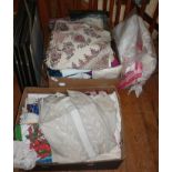 Two large boxes of assorted fabrics, textiles, etc.