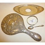 Art Nouveau silver backed mirror (some damage), silver part inkstand, bracelet and spoon, all marked