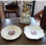 Staffordshire figure of Red Riding Hood and two 19th c. lustre ware plates with ""Charity"" decorati