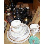 Assorted silver plated tea sets and china