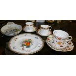 Royal Crown Derby trio, two similar coffee cans with saucers, a Royal Worcester "Gloucester Fruit"