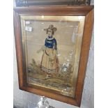 19th c. woolwork picture of a standing woman in a maple frame, 20" x 16"