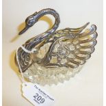 1970's glass and silver swan bon bon dish with opening wings, fully hallmarked for 1972, maker