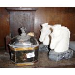 Georgian lead tobacco jar or box with figural head finial to lid, carved alabaster horse head pair