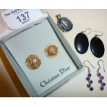 Boxed gold coloured Christian Dior clip-on earrings, and other jewellery