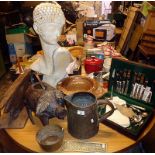 Miscellaneous items, inc. shop display mannequin head and torso, old copper jug and plate, driftwood