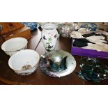 Art Glass dish with butterfly and a 1960s shaped glass dish and two large Franklin porcelain bowls