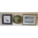 Two marine watercolours and a colour print in oval gilt frame after Boucler