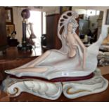 Large impressive Galos porcelain figurine of a reclining semi-nude lady, 44cm high x 60cm long on