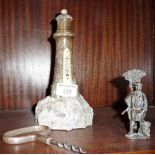 Carved Serpentine lighthouse thermometer, John Bull door knocker and a corkscrew