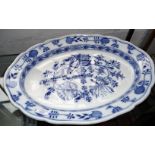 Large Victorian blue and white turkey platter with gravy well