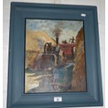 Frank EASTMAN oil on board of a farm scene with traction engine with threshing machine, 21" x 18"