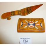 19th c. Tonbridge or Sorrento Ware treen shoe-shaped letter opener (approx. 18.5cm long), with a