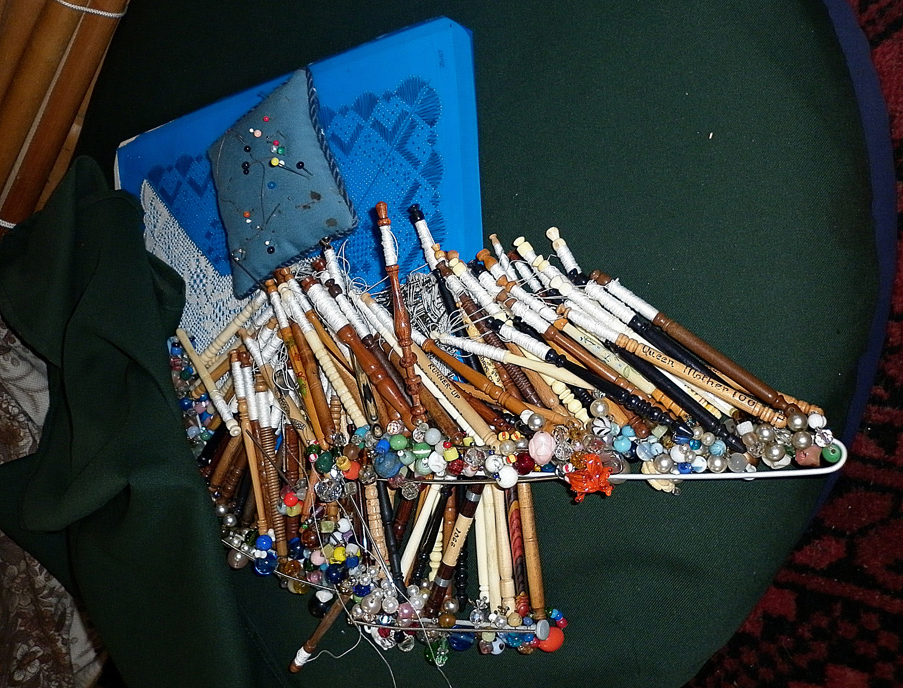 Large quantity of lacemaking accessories, inc. bobbins, cottons, patterns, materials and pillows - Image 2 of 3