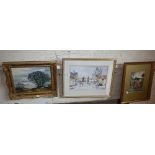 Oil on board of landscape signed G. Thompson, a watercolour of a town scene by Trevor Shears and a
