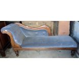 19th c. mahogany framed upholstered chaise longue on turned feet