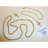 9ct gold rope twist chain, necklace, another 9ct gold chain with 9ct crucifix pendant, and a 14ct