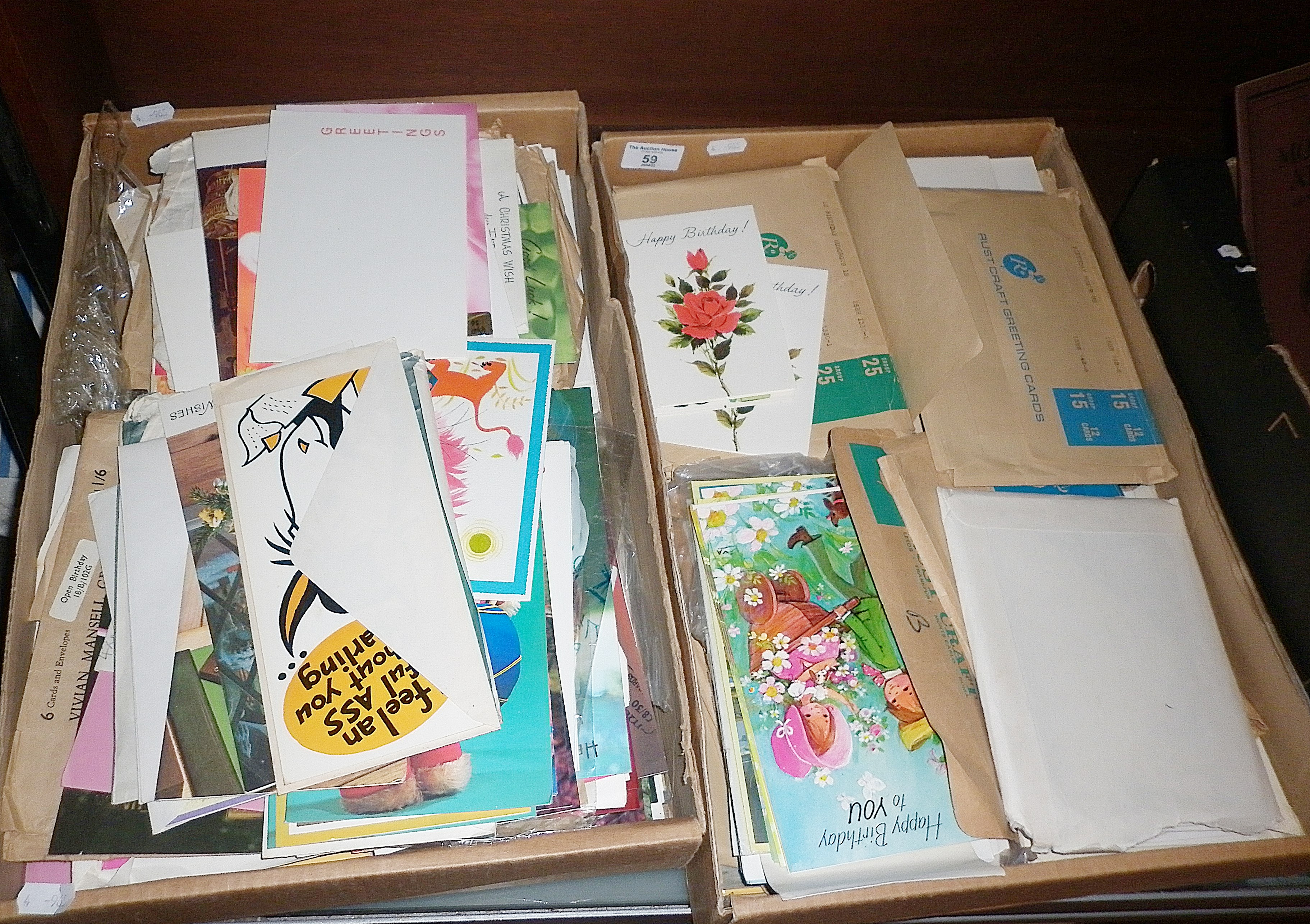 Two trays of vintage greetings cards.