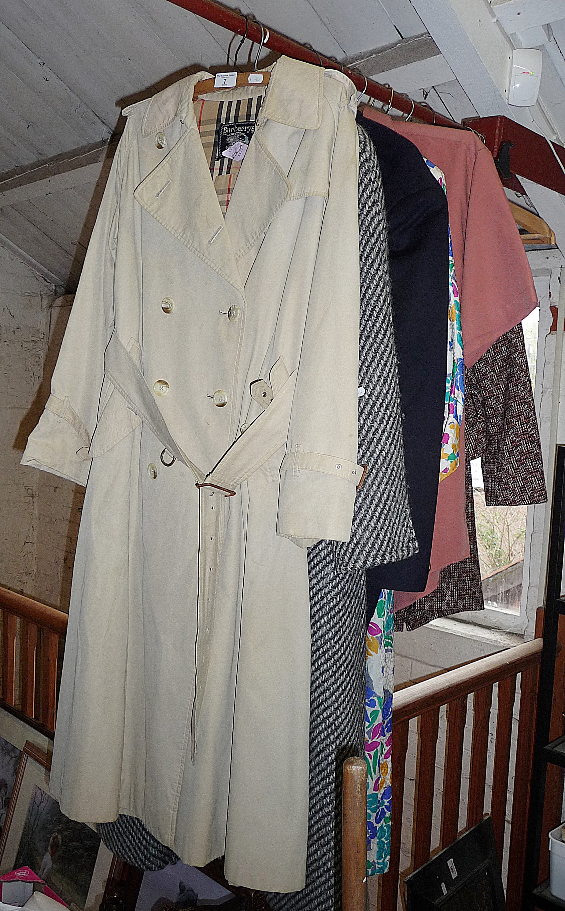 Vintage clothing: Ladies suit by Harella, a Burberry raincoat, a Jaeger blazer, Aquascutum overcoat,
