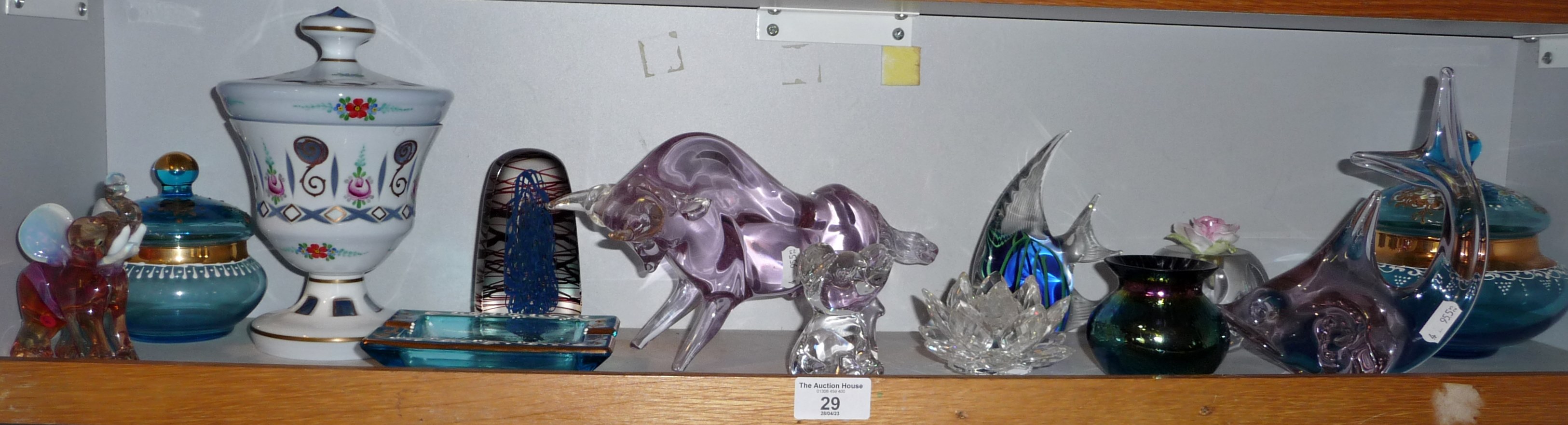 Glassware collection inc. overlay glass lidded pots, paperweights, animals, fish etc. (13)