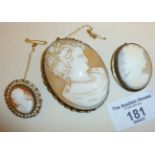 Three antique shell cameo brooches, largest approx. 6cm high