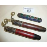 Middle Eastern/Ottoman Esther scroll or amulet cases. Two wooden with Niello enamel silver tops,