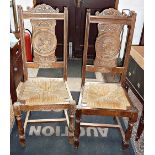 Set of six carved oak dining chairs with portraits to backs of three men and three women, having
