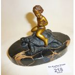 Art Deco ormolu bronze boy riding a tortoise on onyx base desk paperweight
