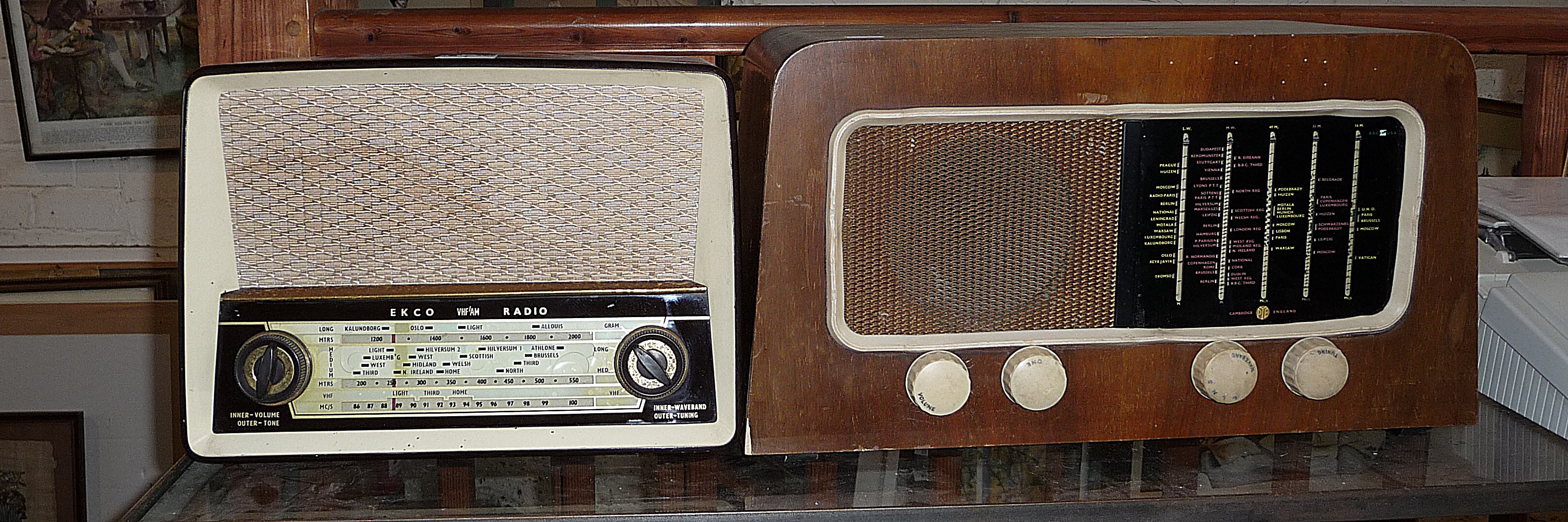 Ekco VHF/AM radio in bakelite case, model no. U319A. Together with a walnut cased PYE of Cambridge