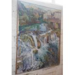 Large unframed oil on canvas of a French scene with waterfalls by S. Davies