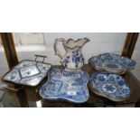 Assorted blue and white transfer decorated china, inc. shaped dishes, an oriental hors d'oeuvres