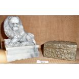 Chinese carved soapstone lion and a small European brass casket with key