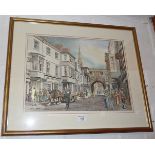 Watercolour signed Clayton HOYLE of a busy Victorian town street scene