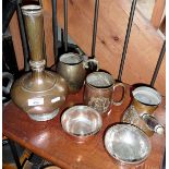 Middle Eastern copper bowls and vase, with hammered copper figural mug and coffee maker