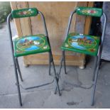 Two painted wood and metal barge art folding bar stools