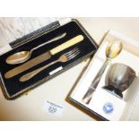 Hallmarked silver cased child's cutlery set and boxed horn egg cup and spoon