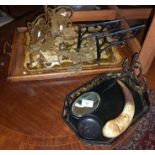 Chinese brass bookends, three pairs of brackets, papier mache tray and two other trays etc.